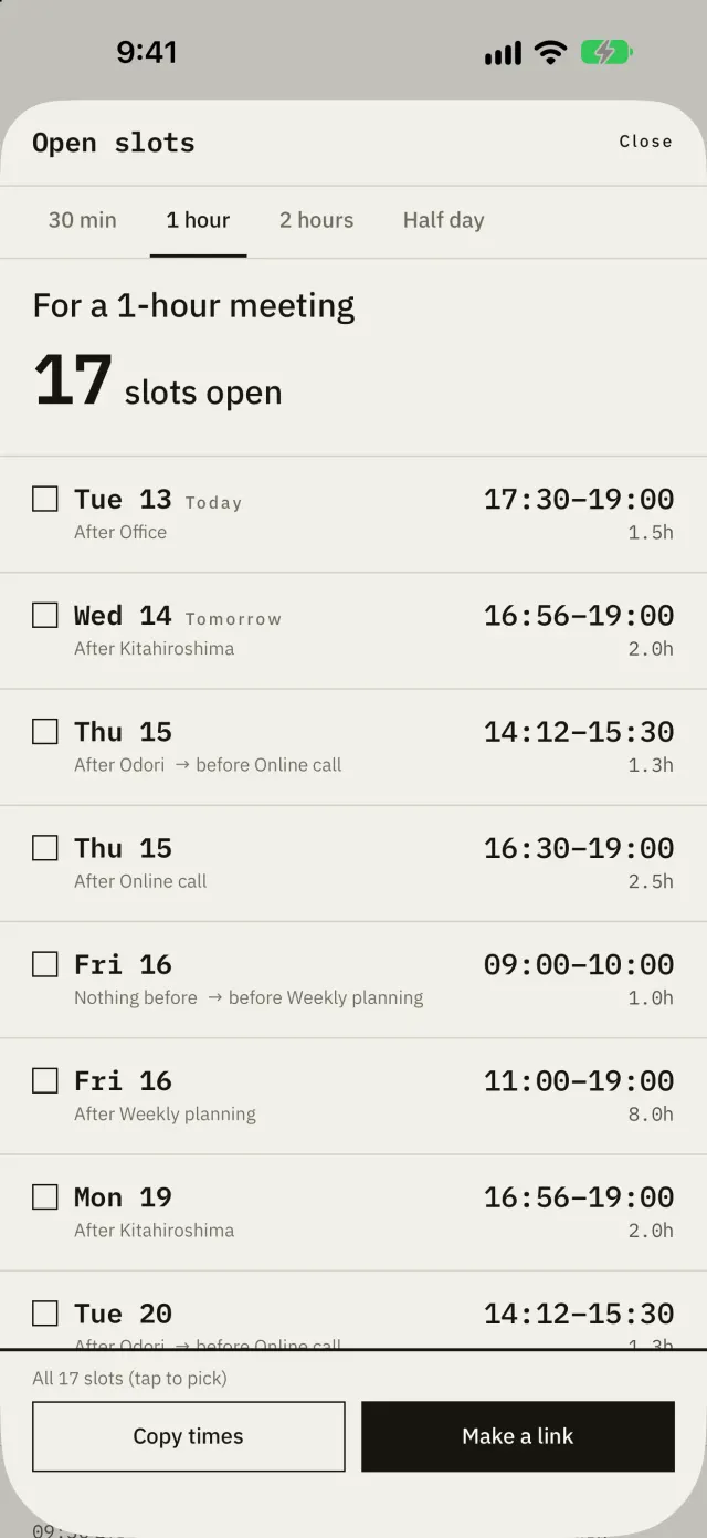 The Open slots sheet, listing the slots left after travel and prep.