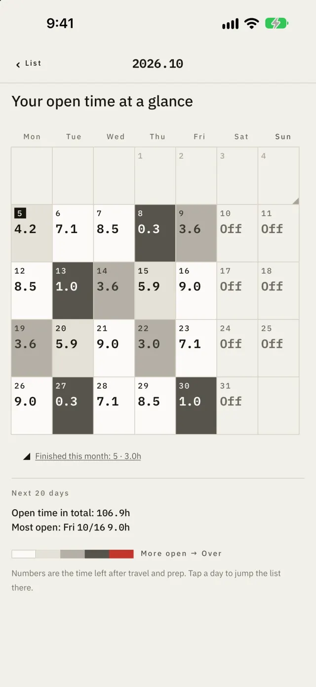 The Month view. Each day shaded by the time left in it.