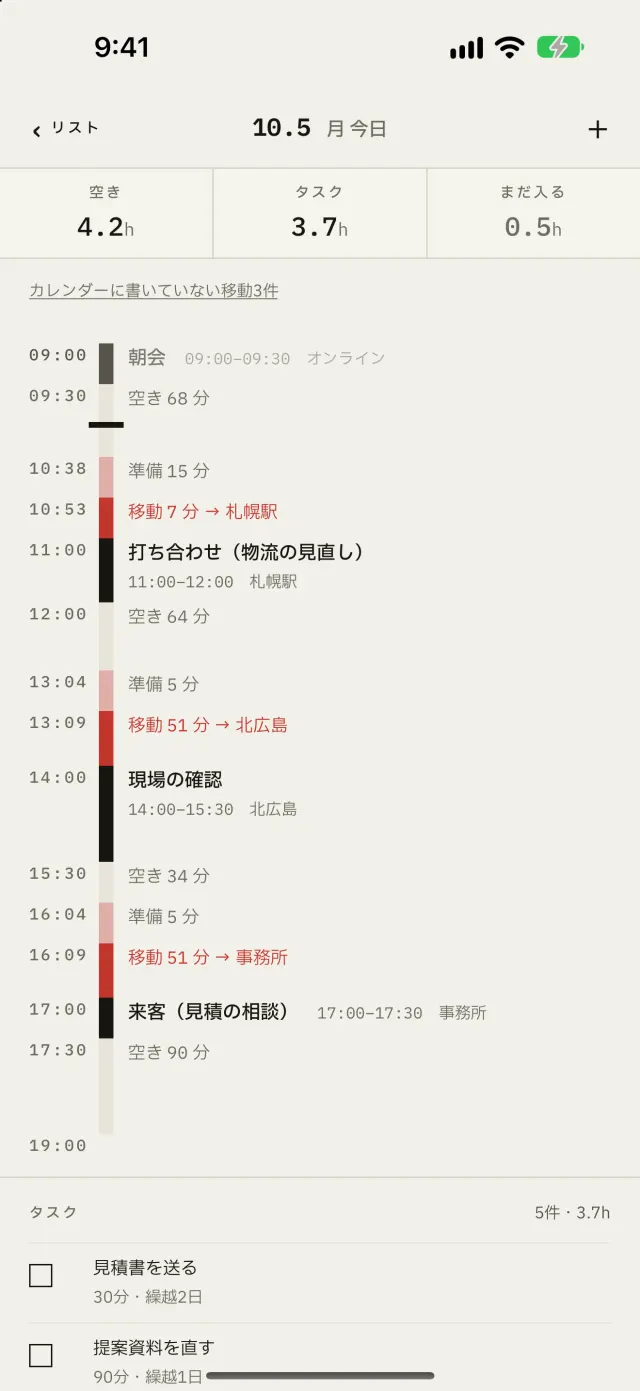 日表示。予定の前後に移動と準備が朱で入ったタイムライン。