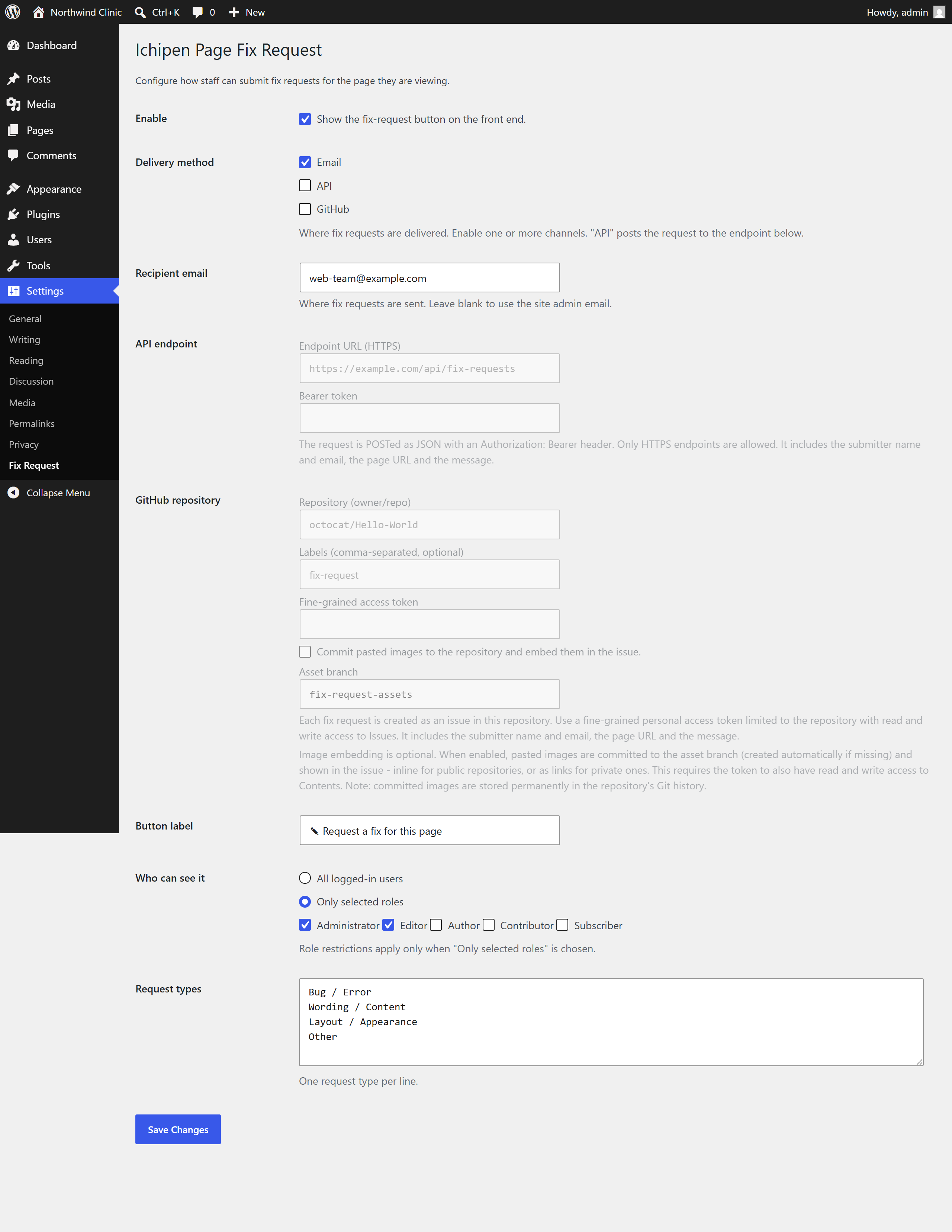 WordPress 管理画面の「設定 > Fix Request」。配信チャネルの有効化、宛先、ボタンのラベル、表示対象、依頼種別などの設定項目が並んでいる画面